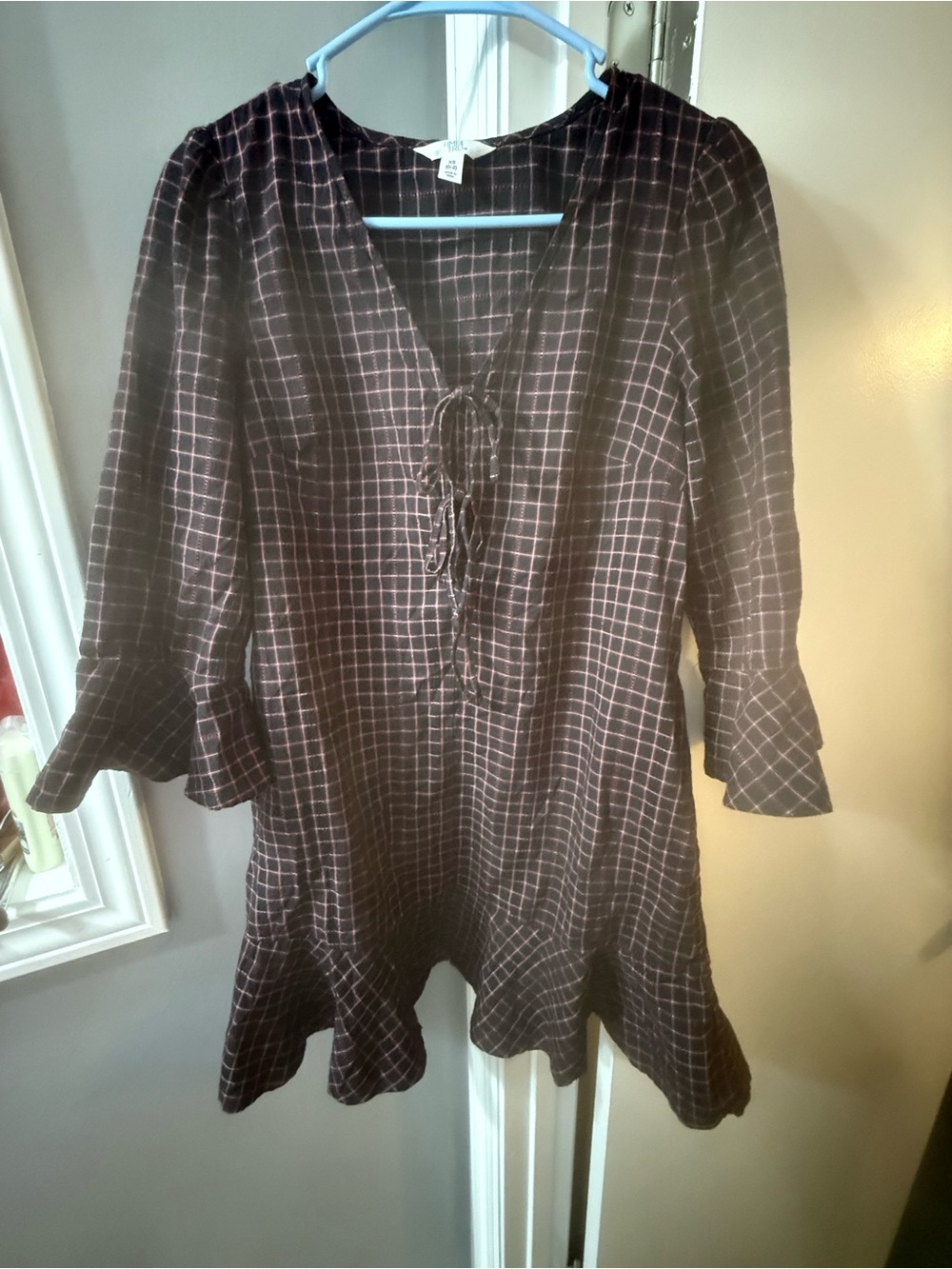 Time and Tru Black Velvet Grid-Print Tie-Front Tunic
